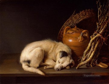 犬 Painting - 眠っている犬と瓶